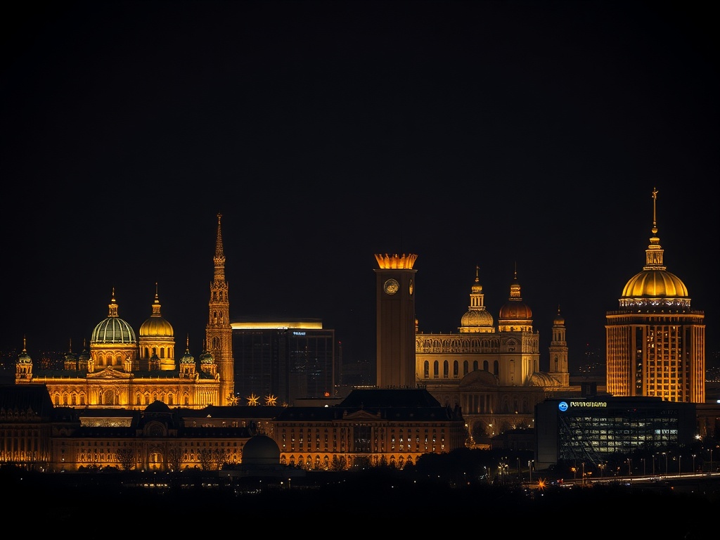 Dark moody editorial scene showing “five” luxury casino resort hotels in Poland as glowing architectural silhouettes; golden accents; Warsaw, Krakow, Katowice, Poznan, Gdansk landmarks; elegant night skyline.