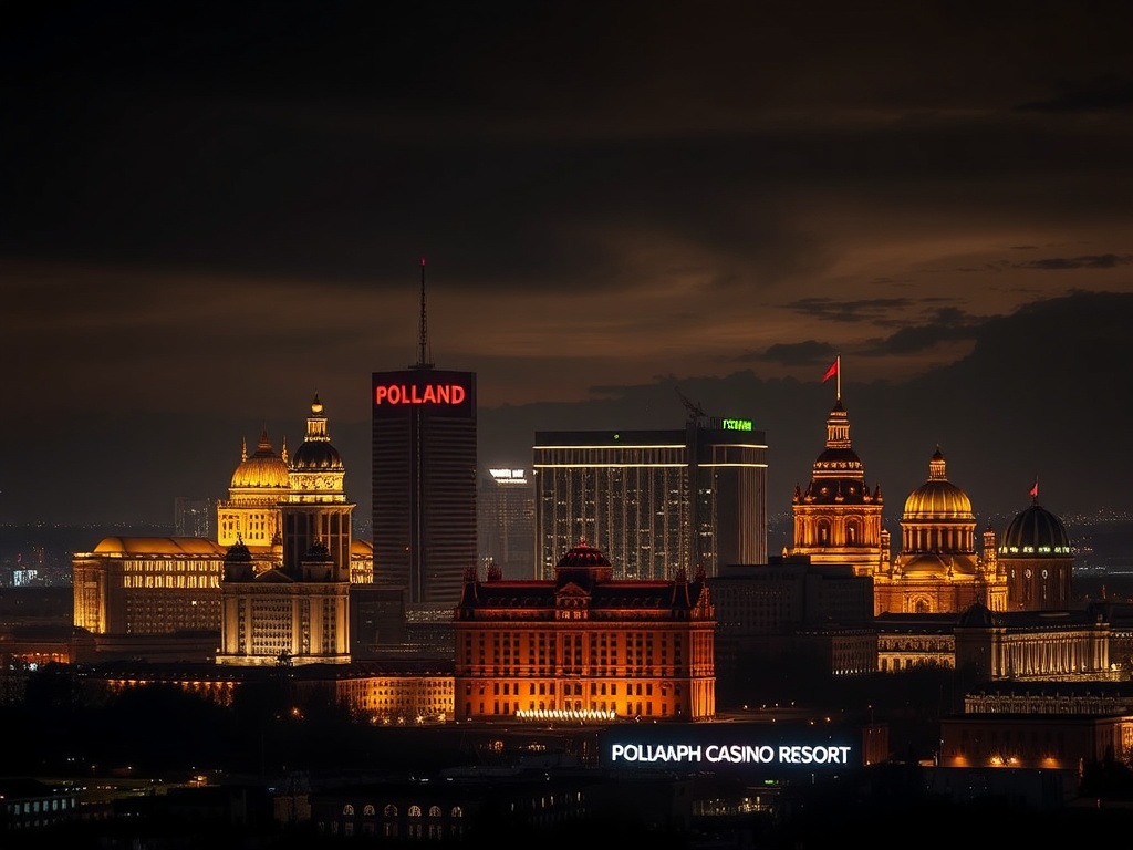 Dark moody editorial scene showing “five” luxury casino resort hotels in Poland as glowing architectural silhouettes; golden accents; Warsaw, Krakow, Katowice, Poznan, Gdansk landmarks; elegant night skyline.