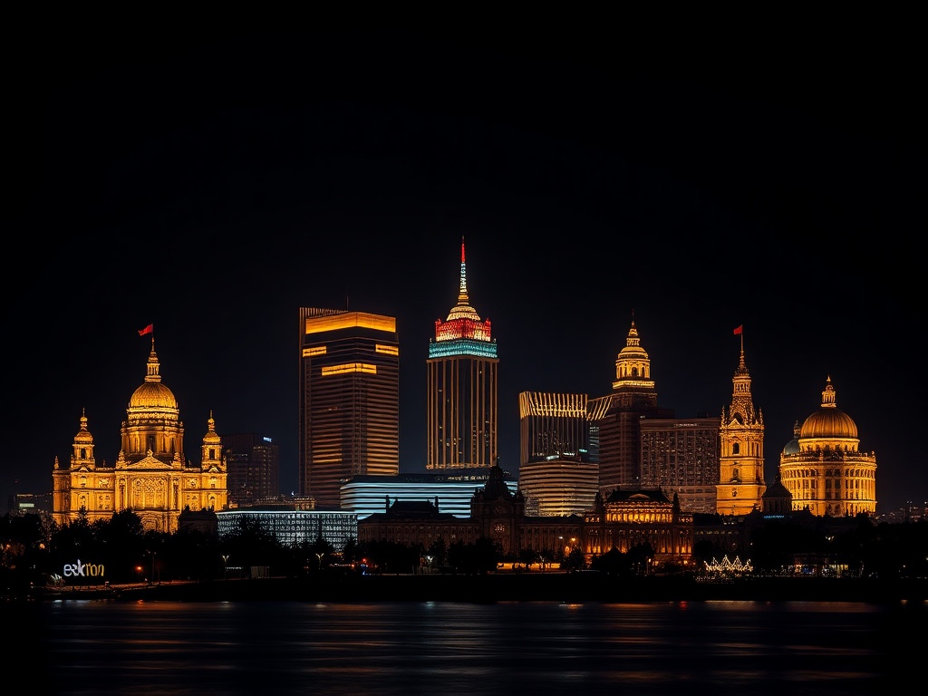 Dark moody editorial scene showing “five” luxury casino resort hotels in Poland as glowing architectural silhouettes; golden accents; Warsaw, Krakow, Katowice, Poznan, Gdansk landmarks; elegant night skyline.