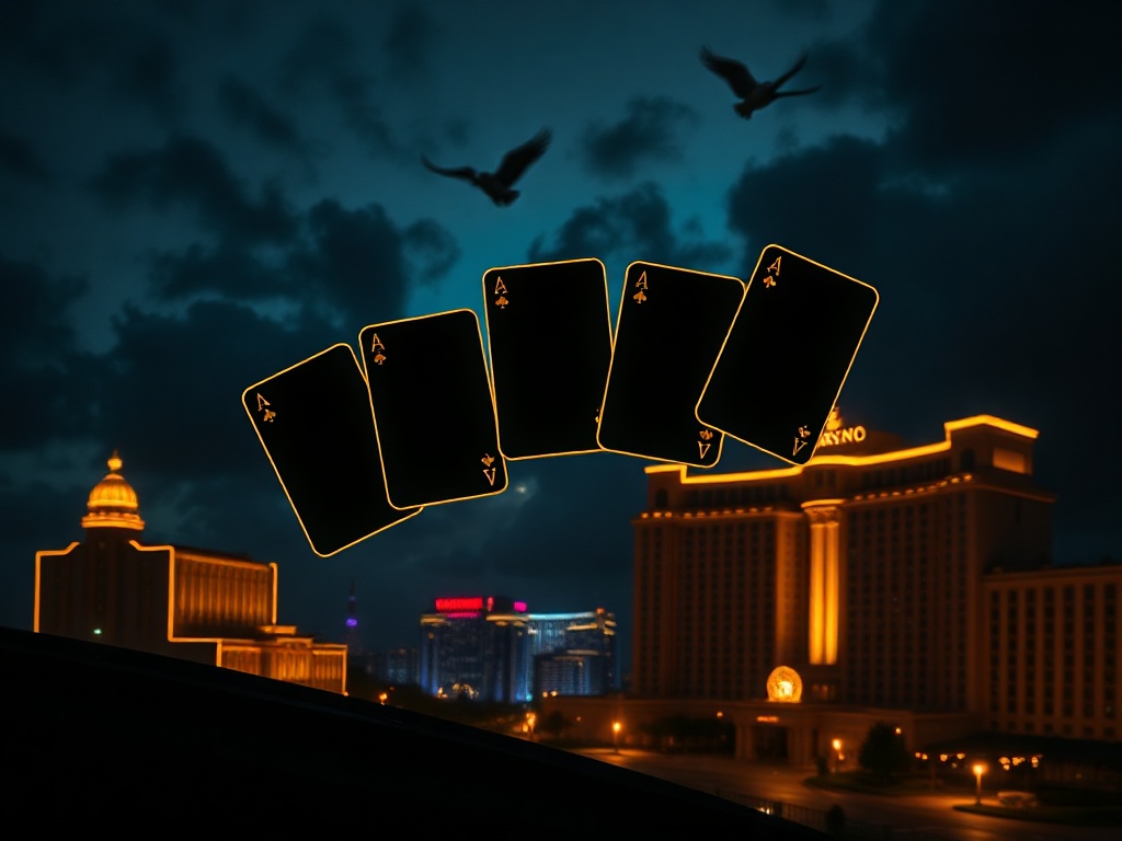 Dark luxury layout showing five floating casino-resort cards “without letters,” neon silhouettes, gold accents, moody skyline, elegant lighting, premium mood, high contrast.