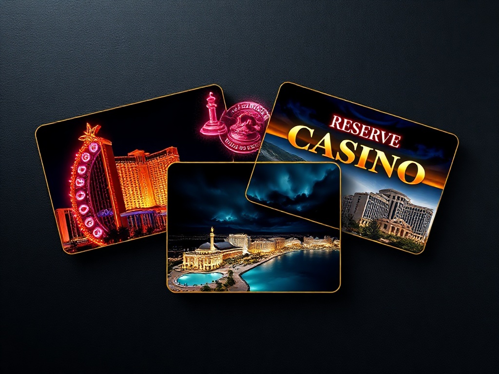 Dark luxury layout, five overlapping casino-hotel cards in gold accents, neon Las Vegas, stormy Montenegro coast, Mediterranean Cyprus resorts, elegant reserve-button shapes, no lettering.