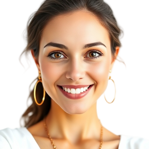 A person smiling to the camera with subtle gold jewelry accents, confident luxury-traveler vibe, eyes warm and inviting with a white background looking like: