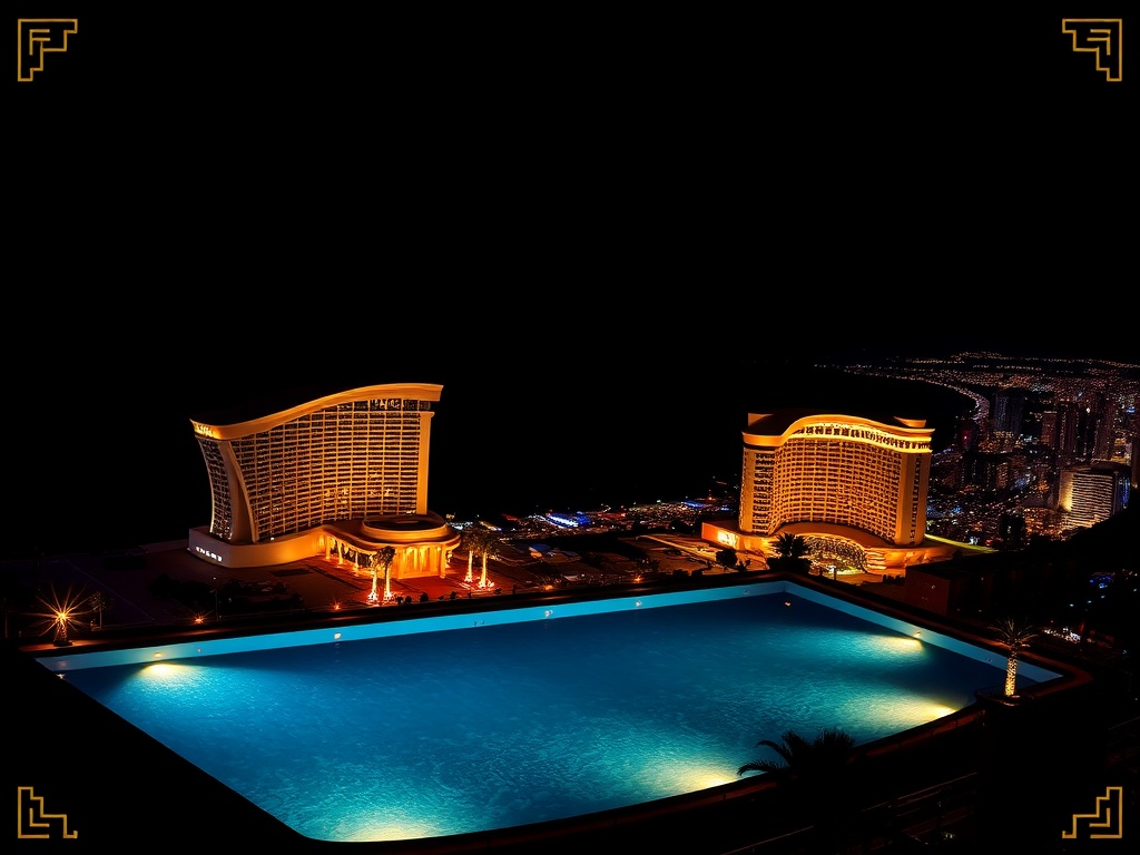 Dark elegant backdrop with gold accents; glowing silhouettes of five luxury casino resorts, rooftop infinity pool, Mediterranean sea, palm paradise, city skyline, night lights.