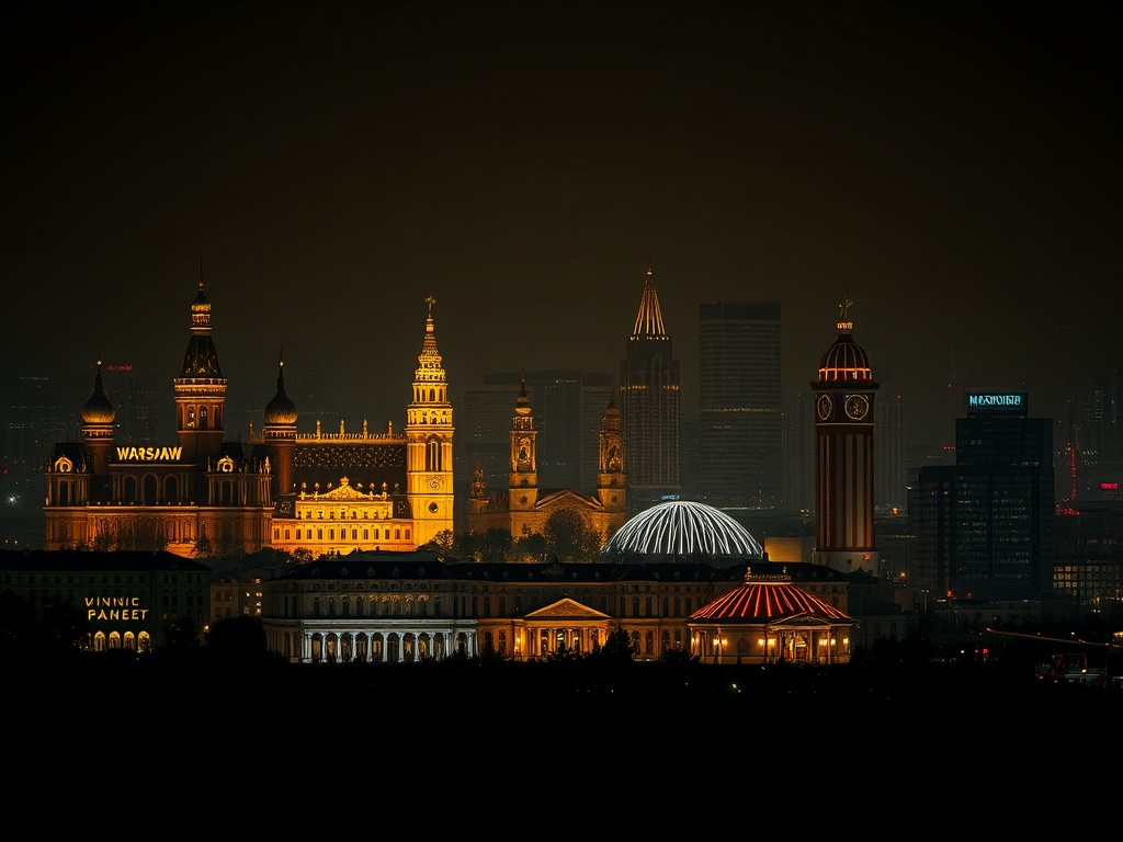 Dark moody editorial scene showing “five” luxury casino resort hotels in Poland as glowing architectural silhouettes; golden accents; Warsaw, Krakow, Katowice, Poznan, Gdansk landmarks; elegant night skyline.