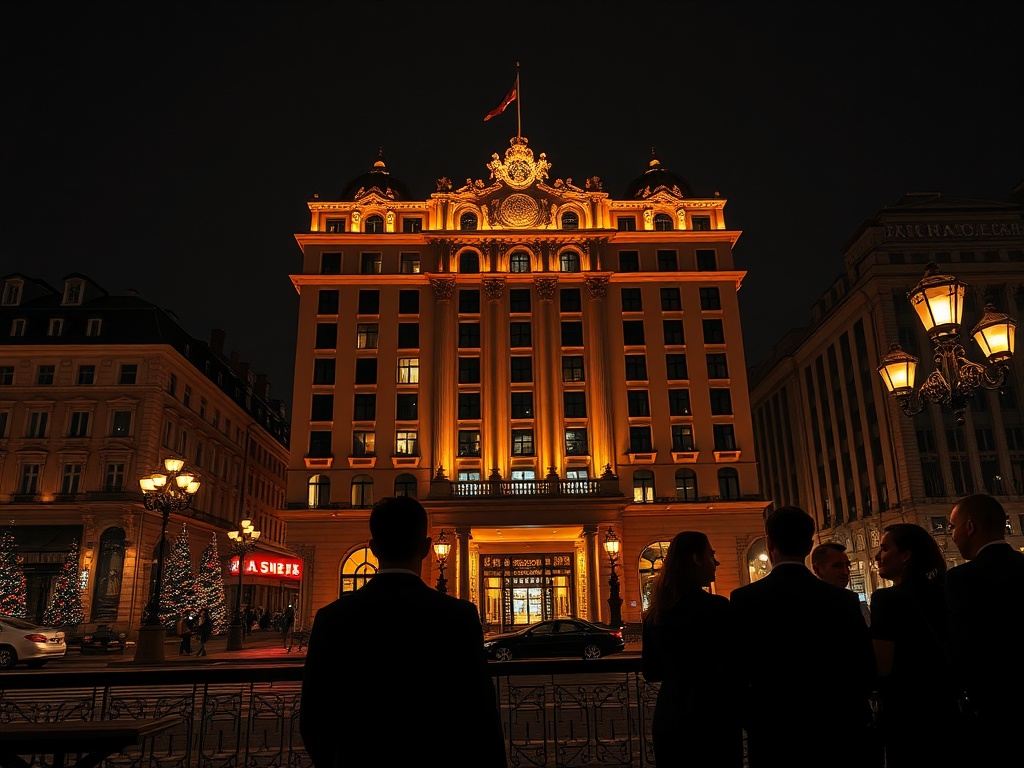 A luxury night cityscape in Poland, “gold-accents” highlighting a grand hotel facade, “casino-inspired” warm lights, elegant guests silhouettes, dark premium editorial mood.