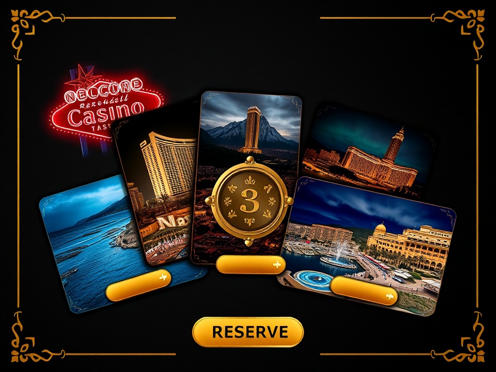 Dark luxury layout, five overlapping casino-hotel cards in gold accents, neon Las Vegas, stormy Montenegro coast, Mediterranean Cyprus resorts, elegant reserve-button shapes, no lettering.