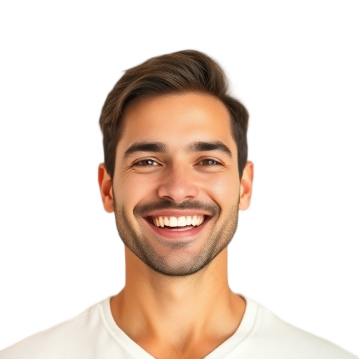 A person smiling to the camera with a subtle gold-accent background, suggesting luxury casino resorts worldwide, white background only, soft studio light.