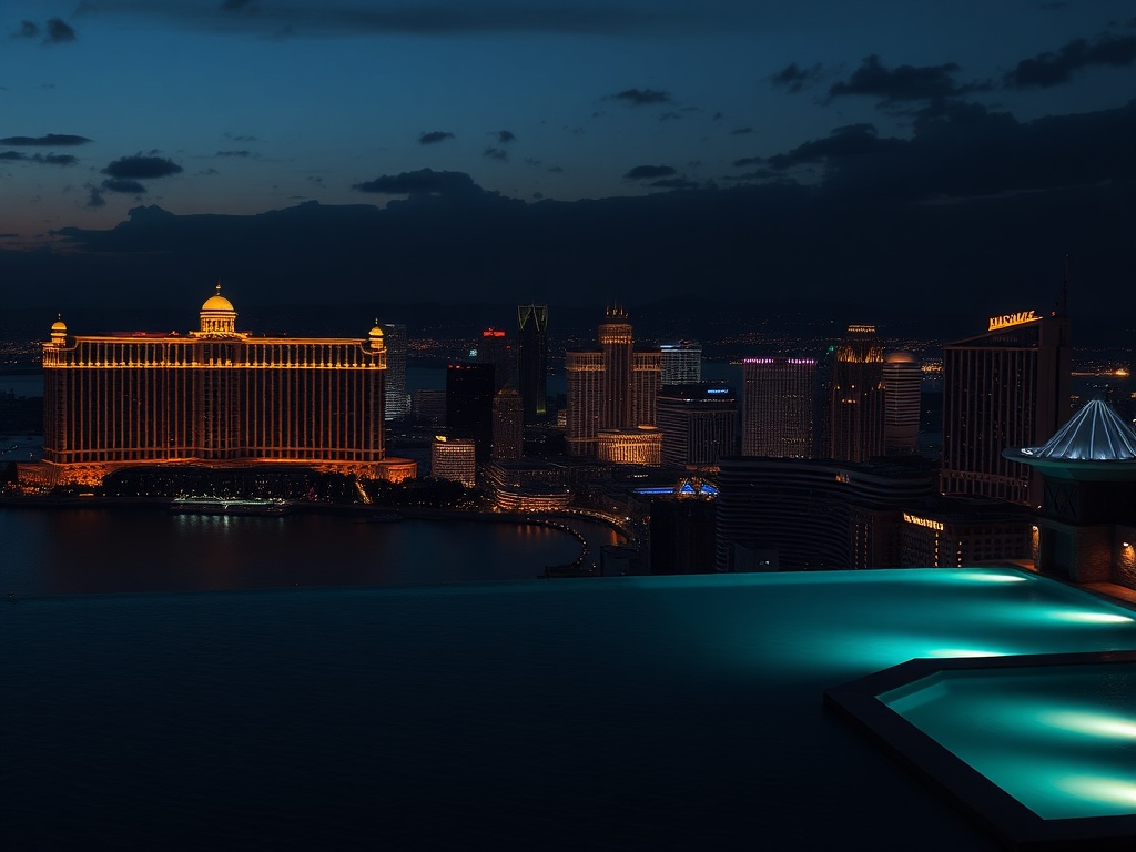 Dark night skyline collage with "gold-trimmed casino resort silhouettes" above calm ocean, "rooftop infinity pool glow," neon lights, luxury skyline reflections, cinematic lighting, no logos, no people.