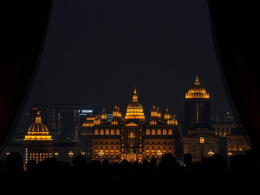 Dark midnight skyline of Poland, "gold-accented luxury hotel" silhouettes, "glowing casino light" reflections, velvet curtains, elegant crowd silhouettes, cinematic premium editorial lighting.