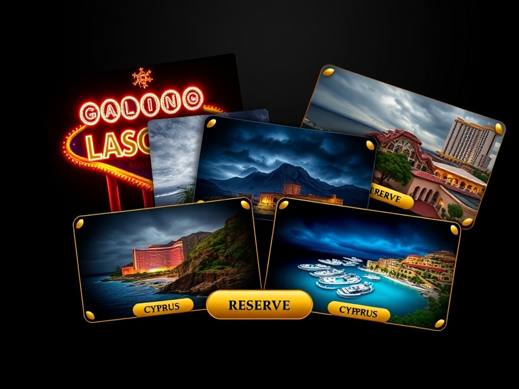 Dark luxury layout, five overlapping casino-hotel cards in gold accents, neon Las Vegas, stormy Montenegro coast, Mediterranean Cyprus resorts, elegant reserve-button shapes, no lettering.