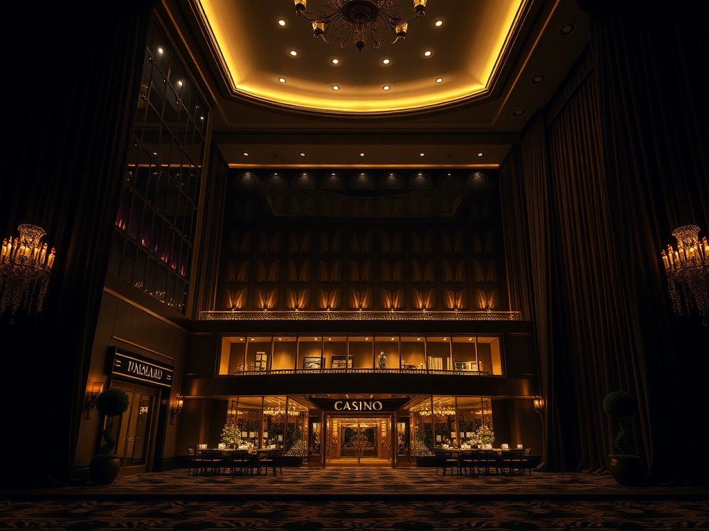 Dark, moody premium editorial scene in Poland, “gold-accented” luxury hotel facade blend “city skyline” and “casino ambience,” opulent drapes, elegant lighting.