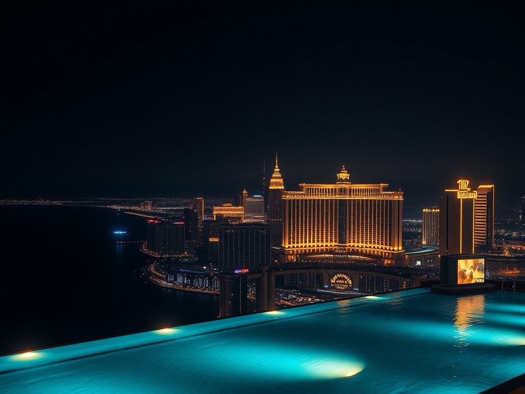 Dark night skyline collage with "gold-trimmed casino resort silhouettes" above calm ocean, "rooftop infinity pool glow," neon lights, luxury skyline reflections, cinematic lighting, no logos, no people.