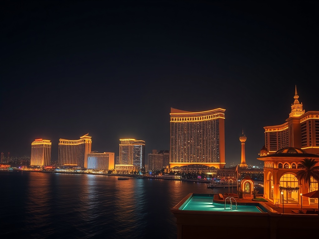 Dark night skyline collage with "gold-trimmed casino resort silhouettes" above calm ocean, "rooftop infinity pool glow," neon lights, luxury skyline reflections, cinematic lighting, no logos, no people.