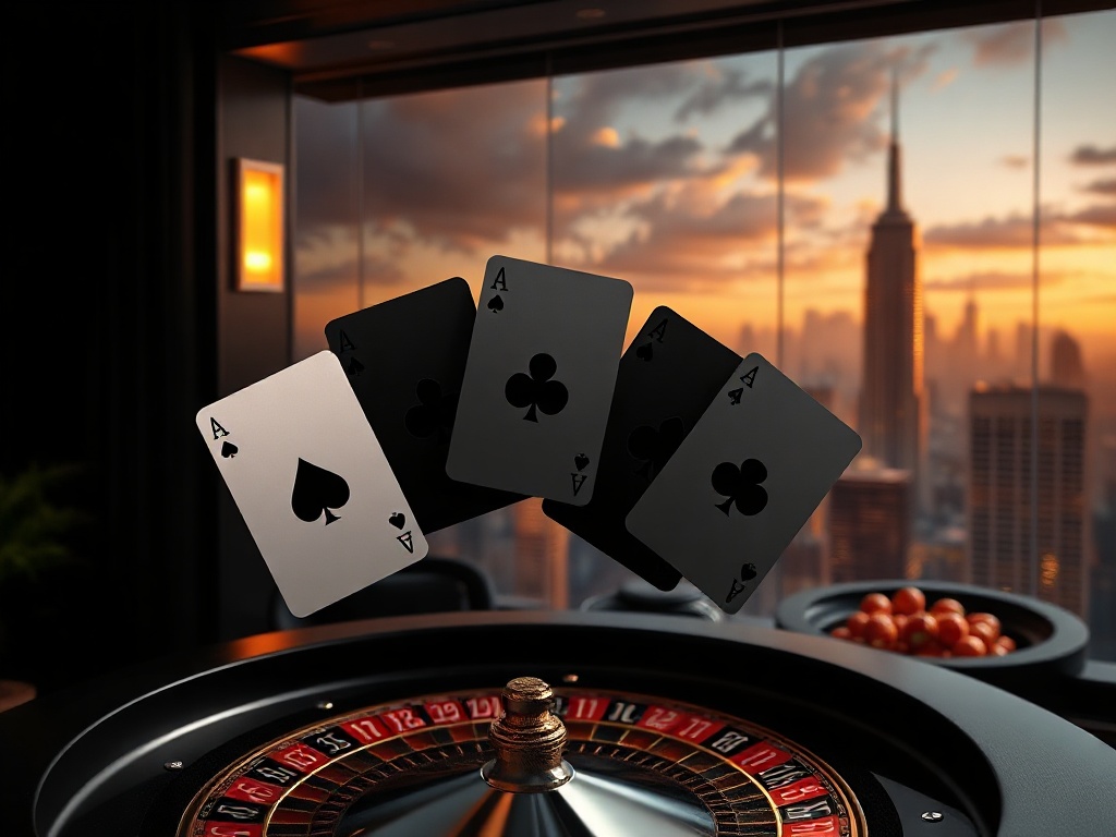 "Dark luxury casino-hotel hero scene with five floating sleek cards, gold edges, city skylines, subtle roulette motifs, rich velvet blacks, cinematic lighting, premium mood."
