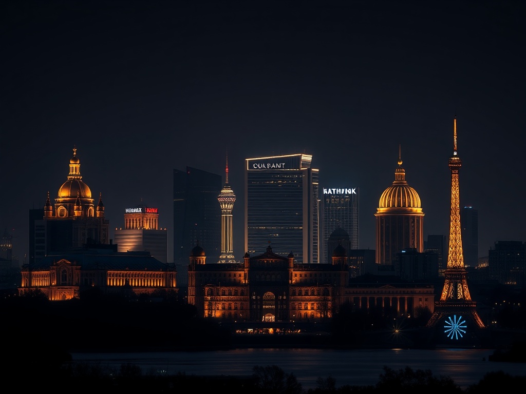 Dark moody editorial scene showing “five” luxury casino resort hotels in Poland as glowing architectural silhouettes; golden accents; Warsaw, Krakow, Katowice, Poznan, Gdansk landmarks; elegant night skyline.