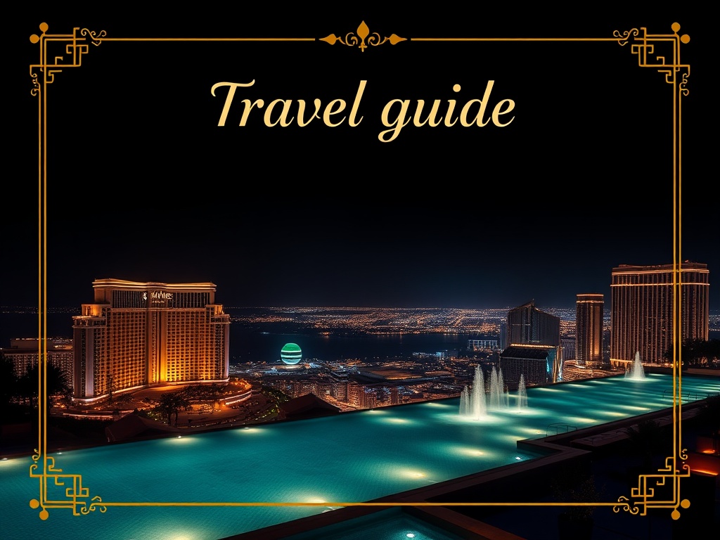 Dark midnight background, gold accents, elegant travel guide motif, sleek silhouettes of global casino resorts, infinity pool glow, skyline lights, cinematic lighting.