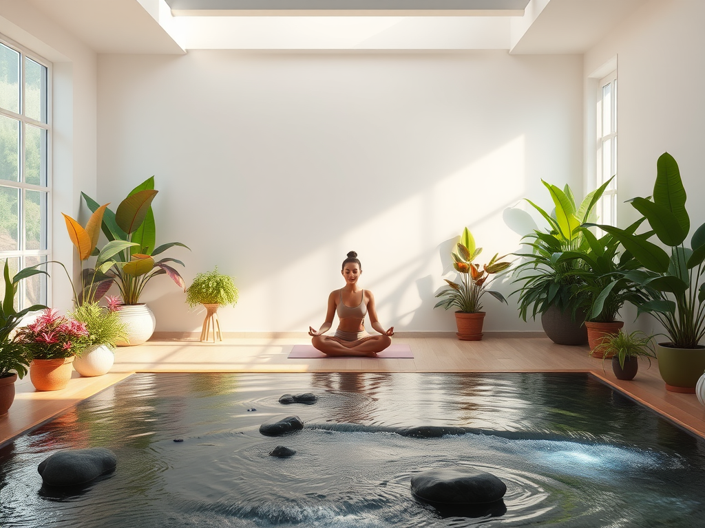 Een serene meditatieruimte met een zittende persoon en planten.