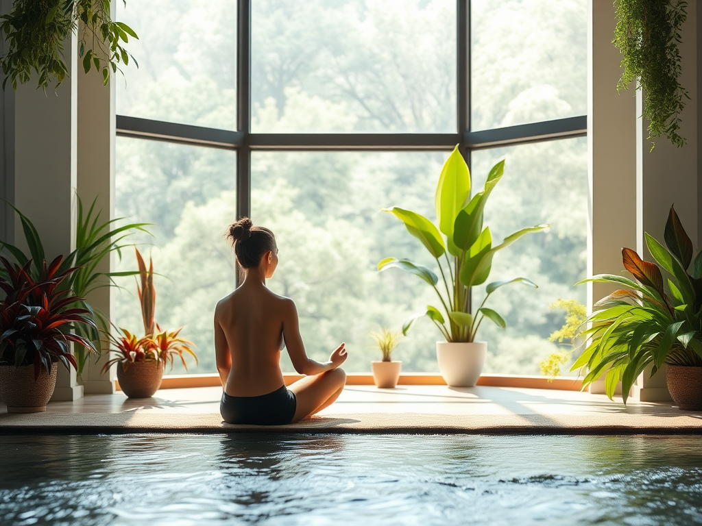 Een rustige meditatieruimte met een persoon in kleermakerszit.