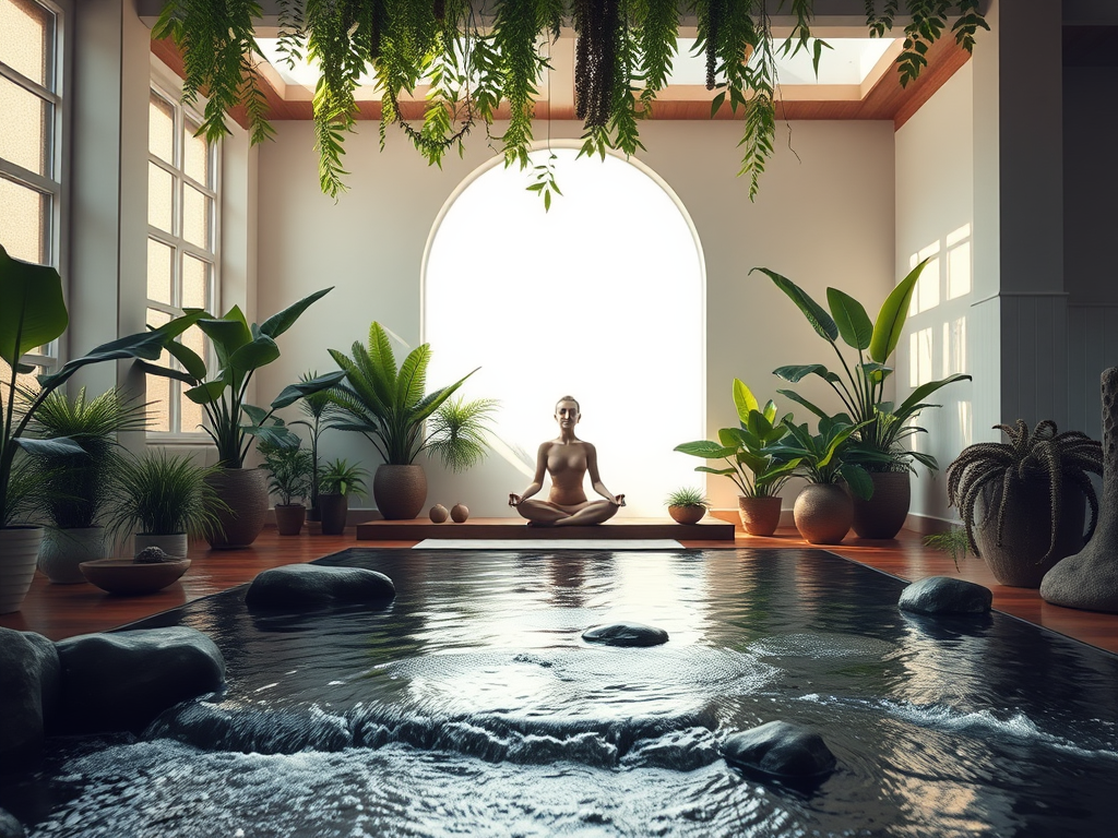 Een rustige meditatieruimte met een persoon in kleermakerszit.