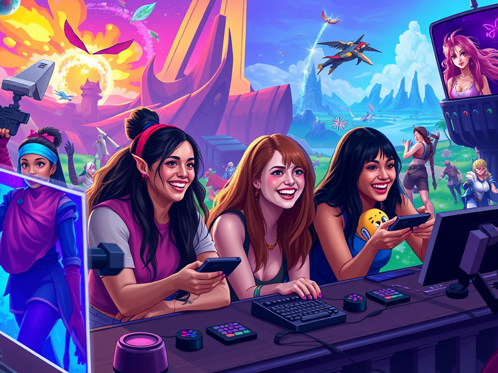 Drie vrouwen die samen gamen in een kleurrijke omgeving.