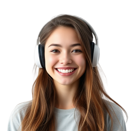 Een glimlachende persoon met een hoofdtelefoon.