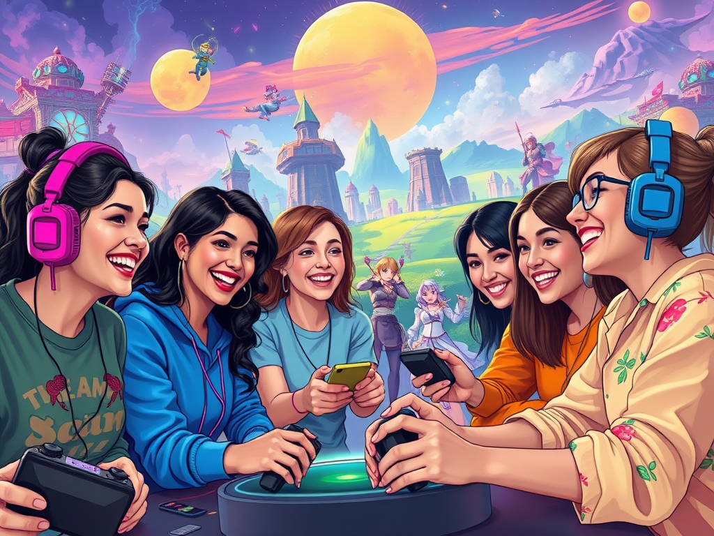 Zes lachende vrouwen spelen samen videogames in een kleurrijke omgeving.