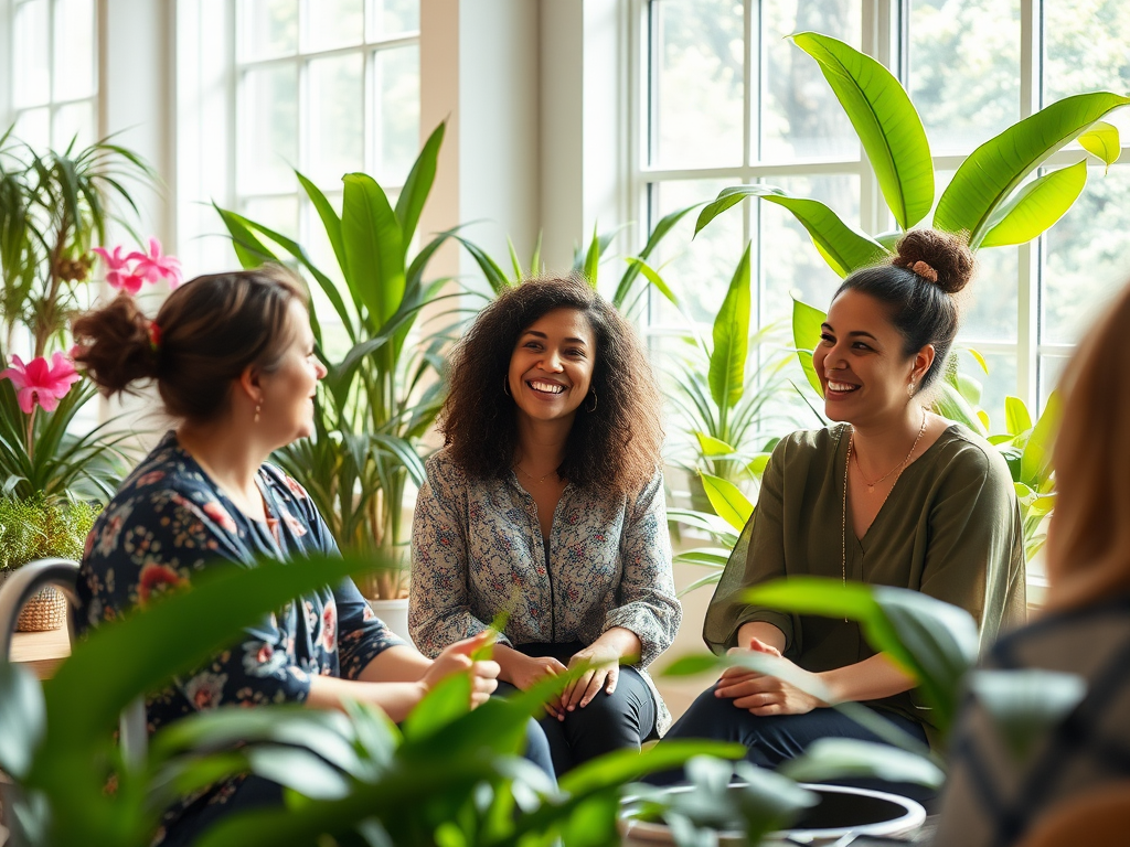 Vrouwen in een workshop, omringd door planten en licht.