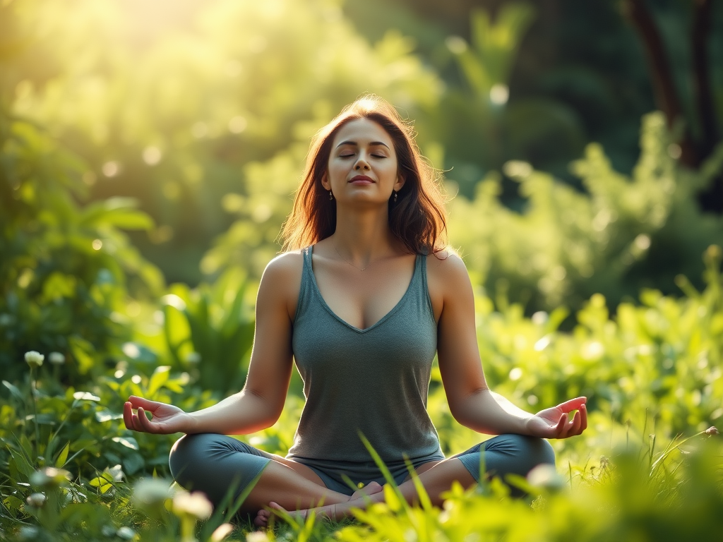 Een serene vrouw die mediteert in de natuur.