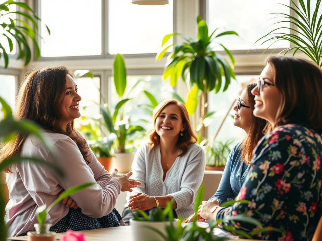 Vrouwen in een workshop, omringd door planten en zonlicht.