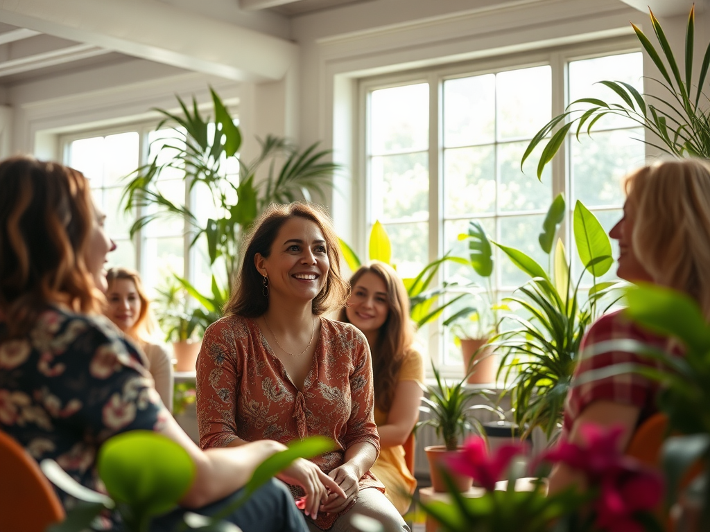 Vrouwelijke deelnemers in een zonnige workshop met planten.