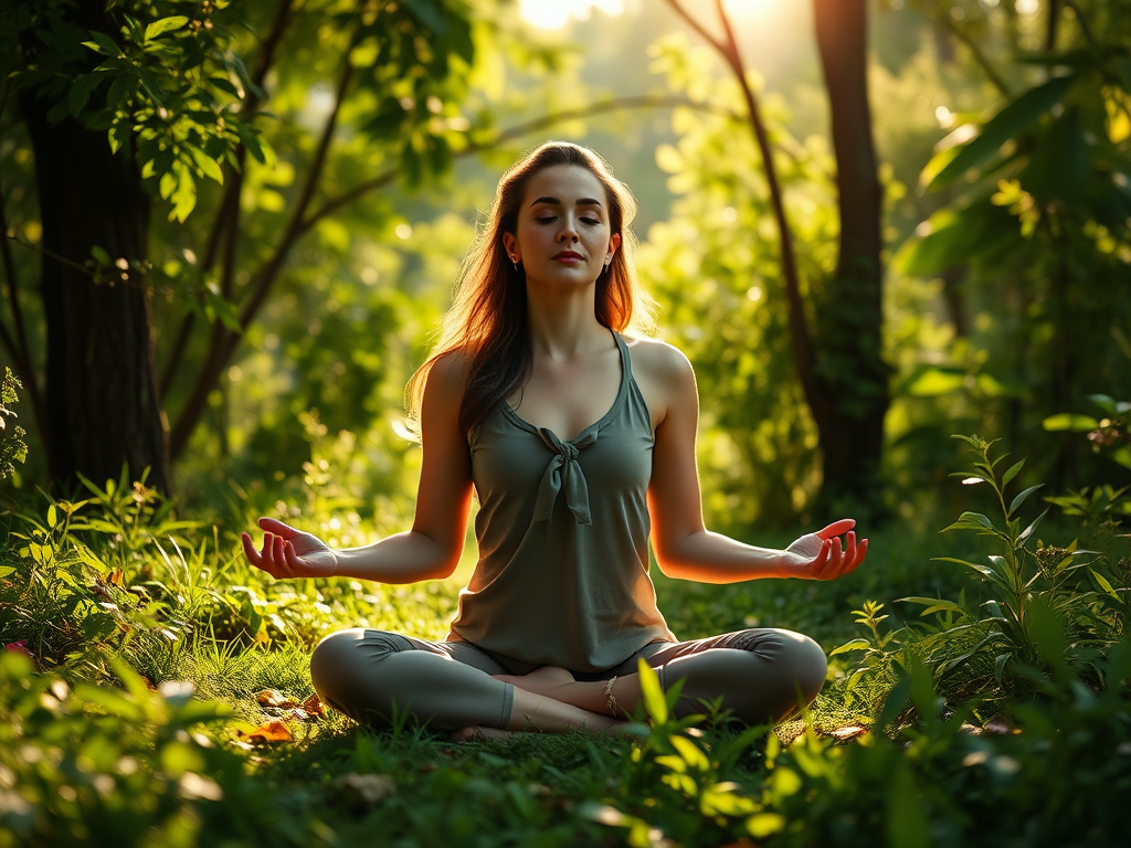 Vrouw mediteert in de natuur, omringd door groen.