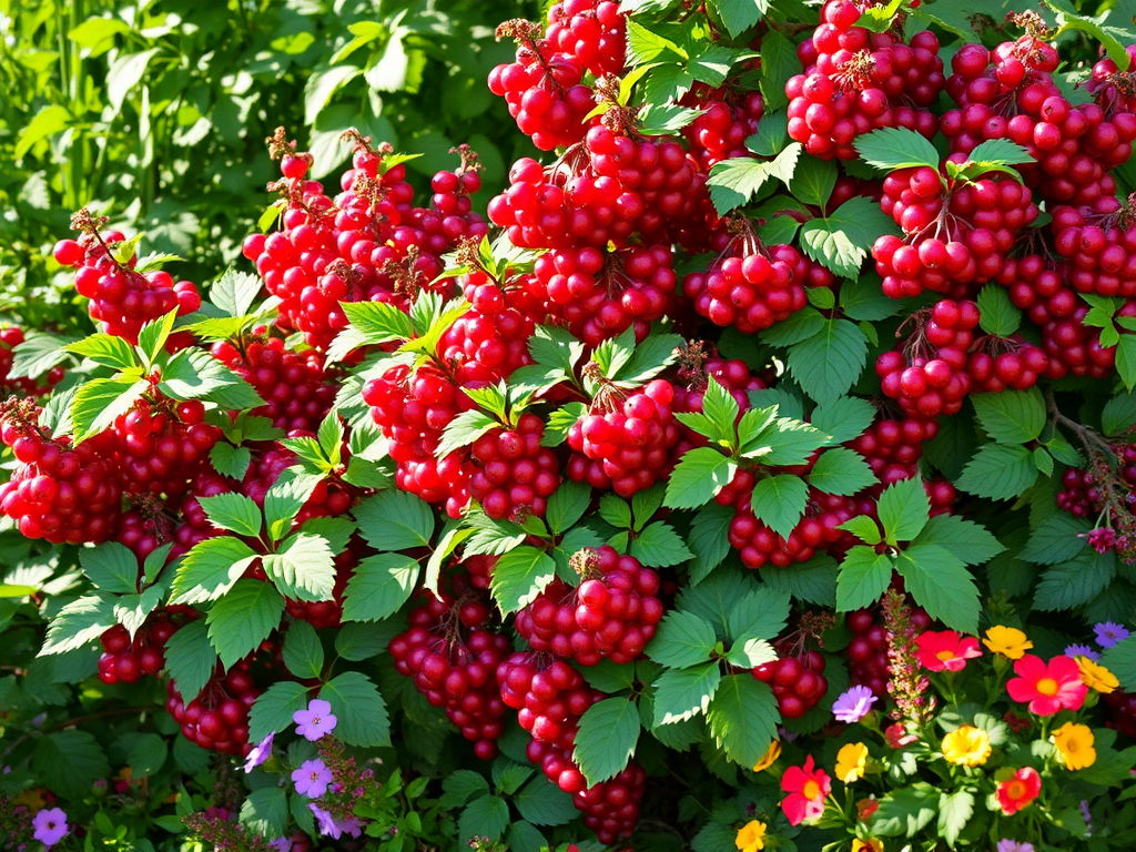 Een weelderige tuin met rode bessen en kleurrijke bloemen.