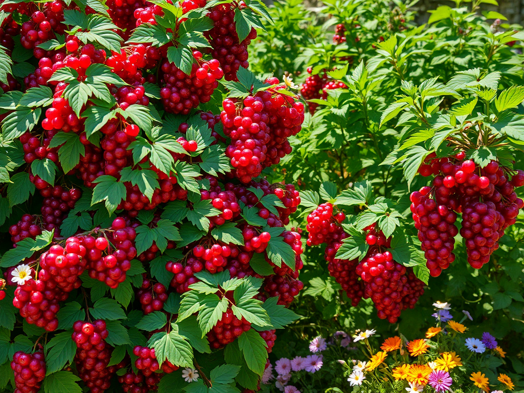 Een weelderige tuin met rode bessen en kleurrijke bloemen.