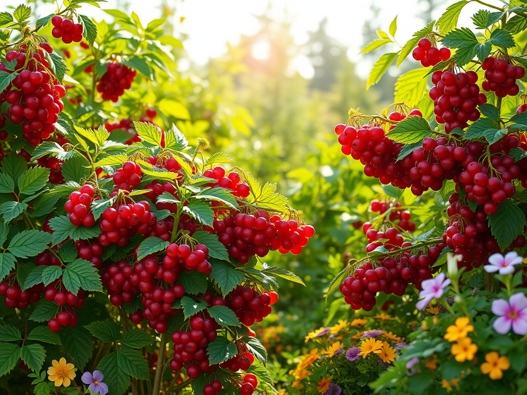 Een weelderige tuin met rode bessen en bloemen.