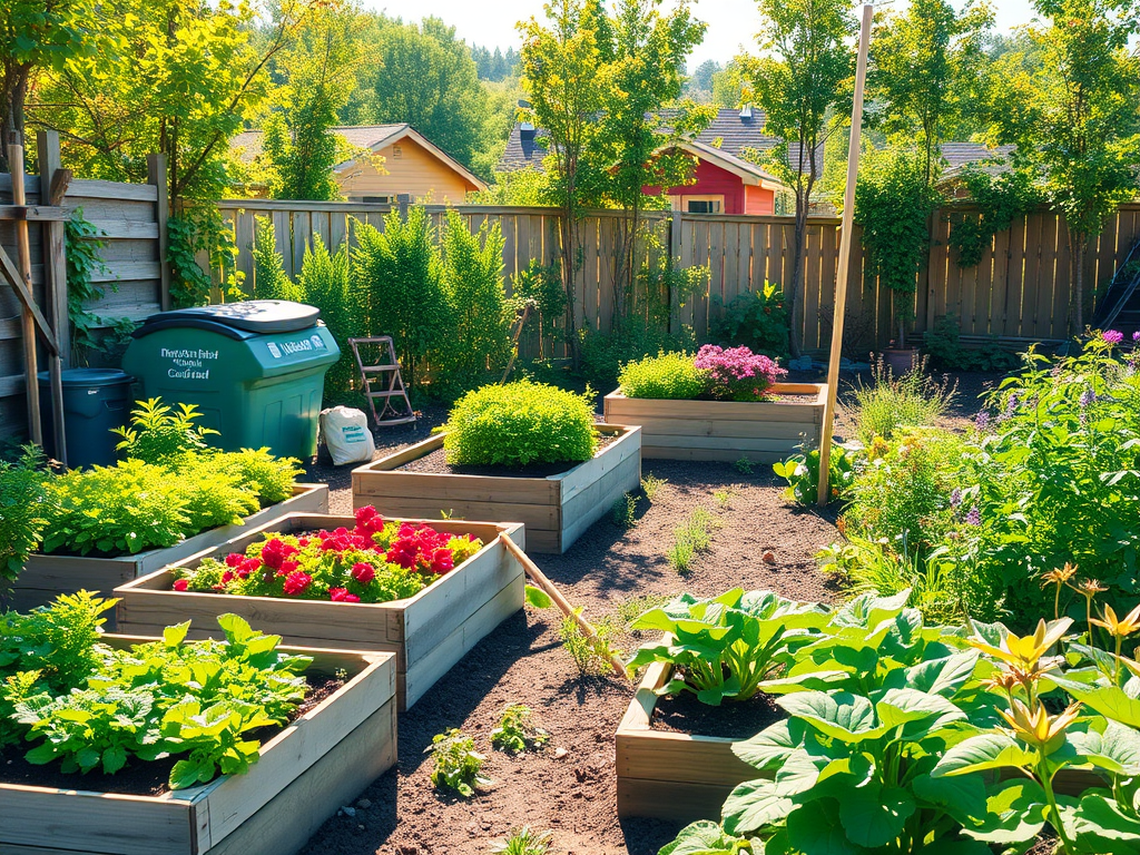 Luchtig en zonnige tuin met verhoogde plantenbakken en kleurrijke bloemen.