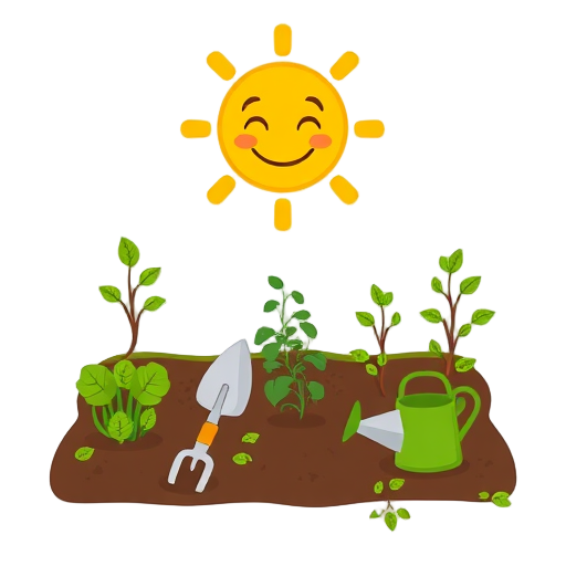 Gelukkige zon boven moestuin met planten, tuingereedschap en waterkan.