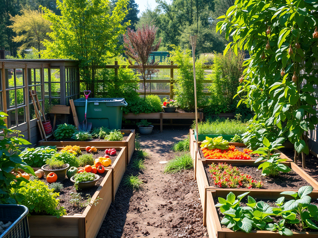 Gezellig moestuin met bloeiende planten en groenten in de zon.