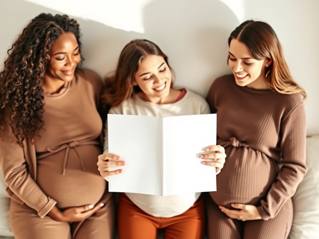 "Warm, minimalist flat-lay of three diverse pregnant women holding an unlabeled booklet, soft daylight, cozy home atmosphere, calming pastel colors, subtle icons like heart and moon (no text), balanced composition"