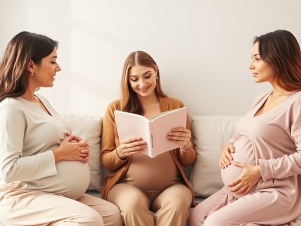 "Warm, minimalist flat-lay of three diverse pregnant women holding an unlabeled booklet, soft daylight, cozy home atmosphere, calming pastel colors, subtle icons like heart and moon (no text), balanced composition"
