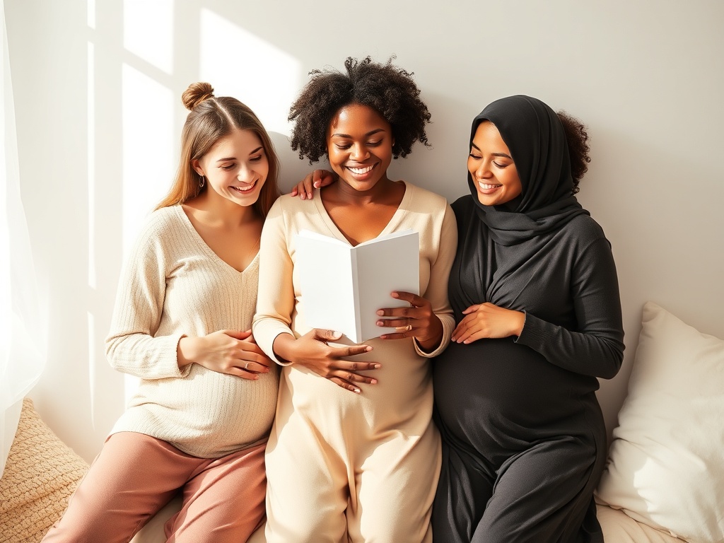 "Warm, minimalist flat-lay of three diverse pregnant women holding an unlabeled booklet, soft daylight, cozy home atmosphere, calming pastel colors, subtle icons like heart and moon (no text), balanced composition"