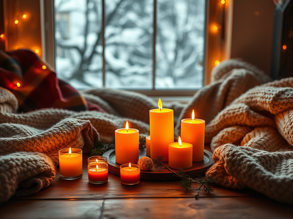 "cozy winter setting" with "amber flame glowing candles" on a "wooden table" surrounded by "soft blankets" and "warm lighting," evoking warmth and comfort.