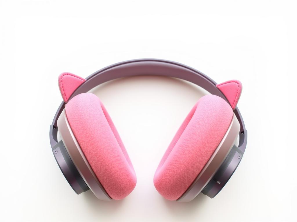 "sleek wireless headphones" with "pink cat-shaped ear cushions," "soft fabric texture," "playful details," set against a "clean white background," emphasizing "comfort and style."