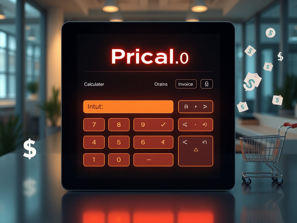 A sleek digital interface showing a price calculator, "input fields" glowing softly, "currency symbols" floating, "shopping cart icons" and "invoice papers" in background, modern workspace.