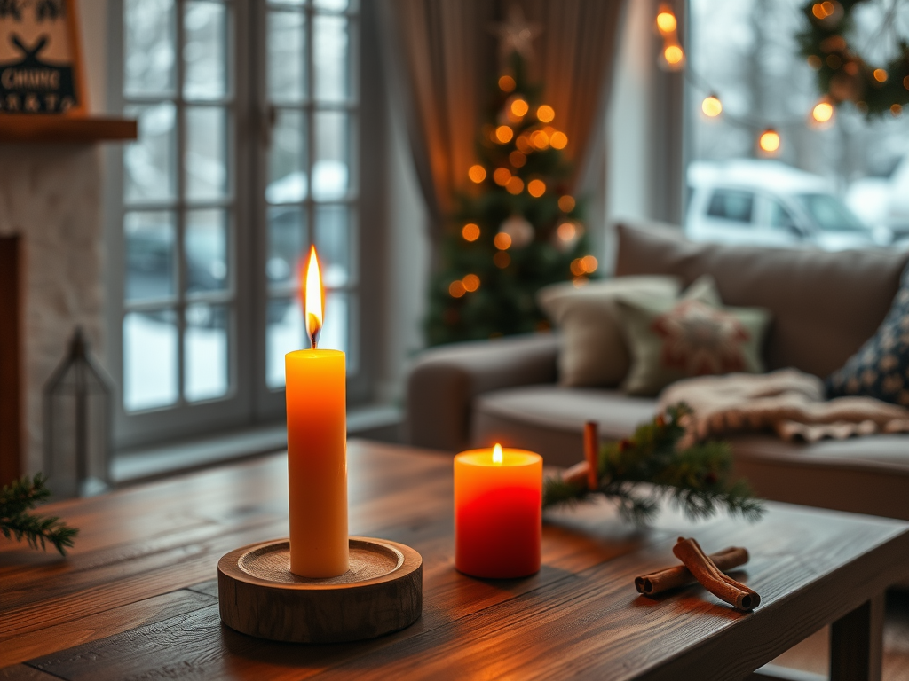 "cozy living room" "glowing amber candle on wooden table" "soft warm light casting gentle shadows" "pine branches and cinnamon sticks nearby" "snowy window background" "inviting, peaceful winter ambiance"