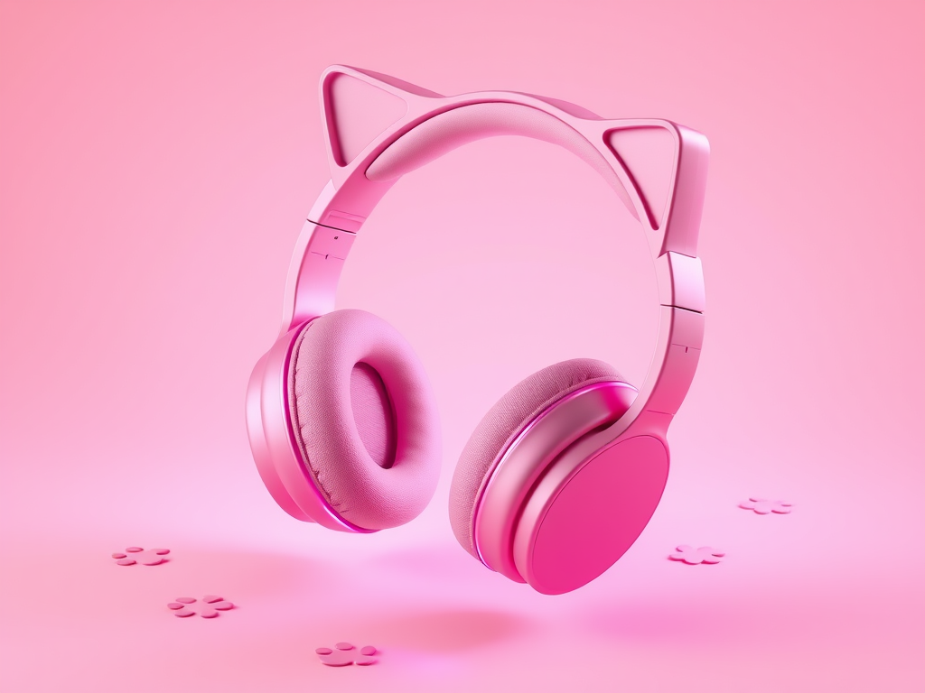 "pink wireless headphones" with "soft ear cushions shaped like cat ears," "sleek modern design," "glowing sound waves," "lightweight floating above a pastel background," "subtle cat paw prints" scattered around.