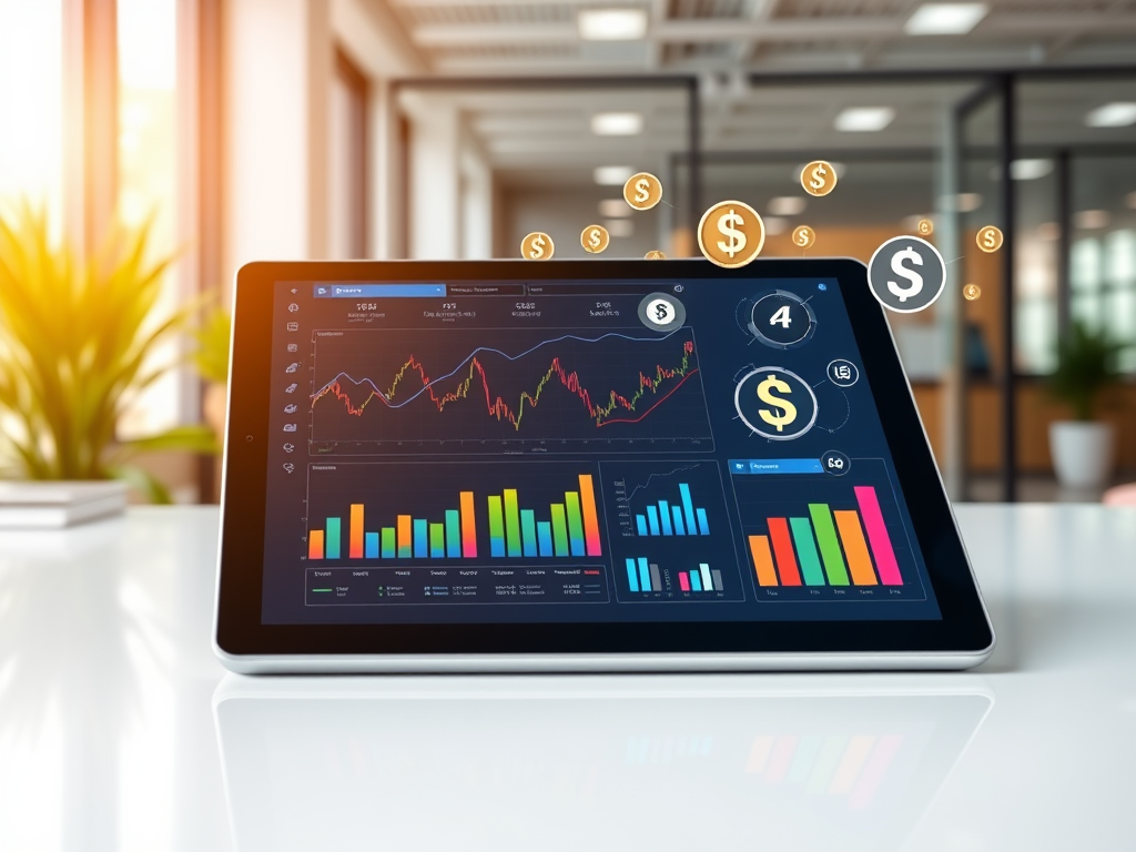 "A sleek digital interface on a modern tablet" showing "colorful graphs and charts" with "currency symbols floating around" and "a seamless connection to AI technology" in a bright, professional office setting.