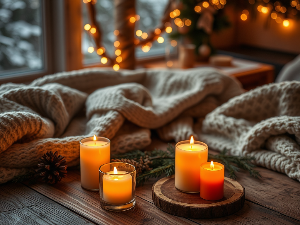 "cozy winter setting" with "amber flame glowing candles" on a "wooden table" surrounded by "soft blankets" and "warm lighting," evoking warmth and comfort.