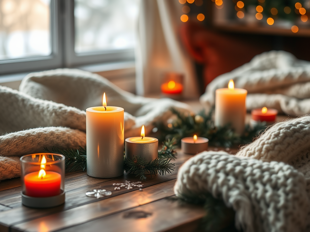"cozy winter setting" with "amber flame glowing candles" on a "wooden table" surrounded by "soft blankets" and "warm lighting," evoking warmth and comfort.