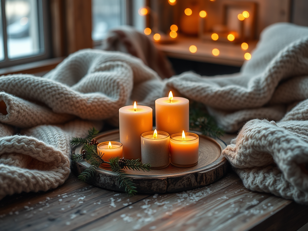 "cozy winter setting" with "amber flame glowing candles" on a "wooden table" surrounded by "soft blankets" and "warm lighting," evoking warmth and comfort.