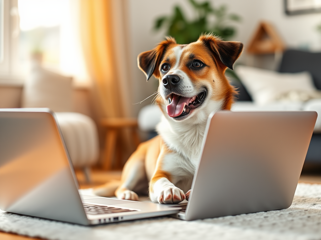 A happy dog sitting attentively beside a laptop, a cozy home background, soft natural light, warm inviting atmosphere.